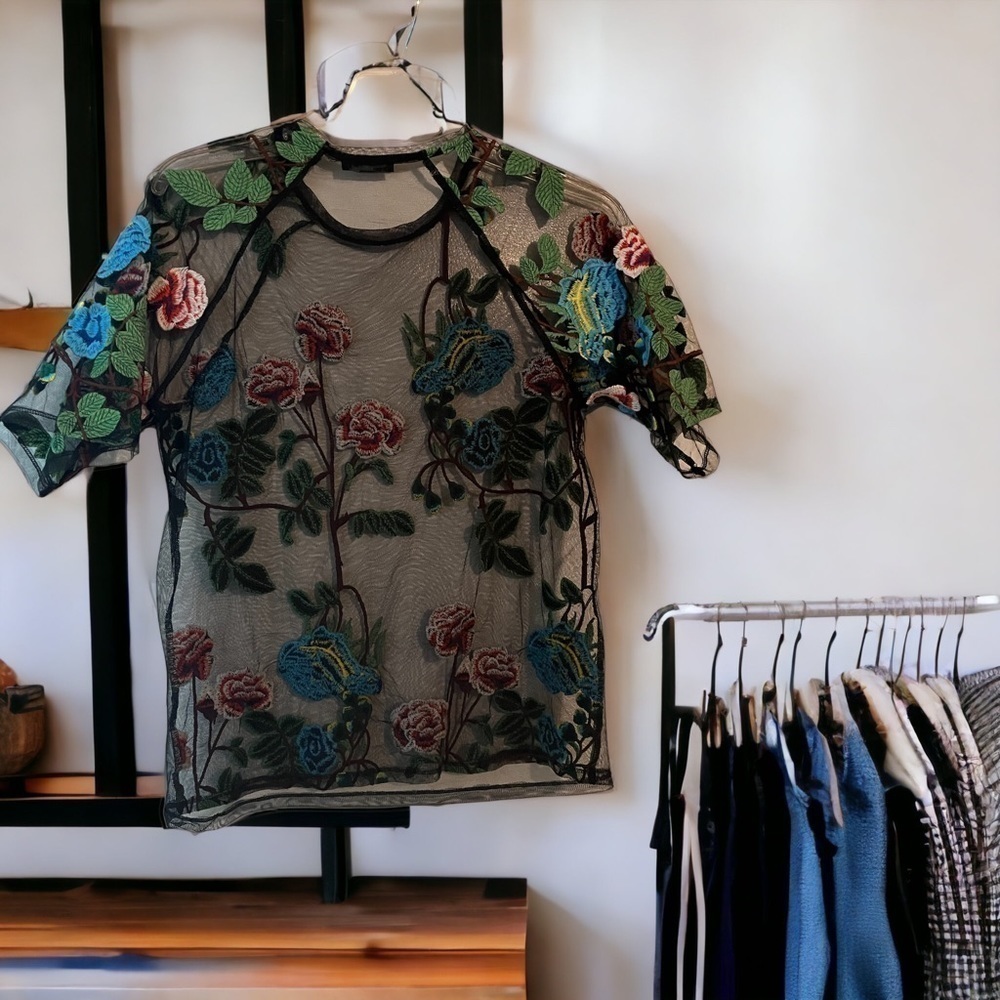 Zara Embroidered Sheer Black Colorful Short Sleeve Top Size Small - Picture 3 of 6